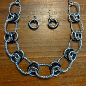 Circle Black and Silver Necklace with Matching Earrings